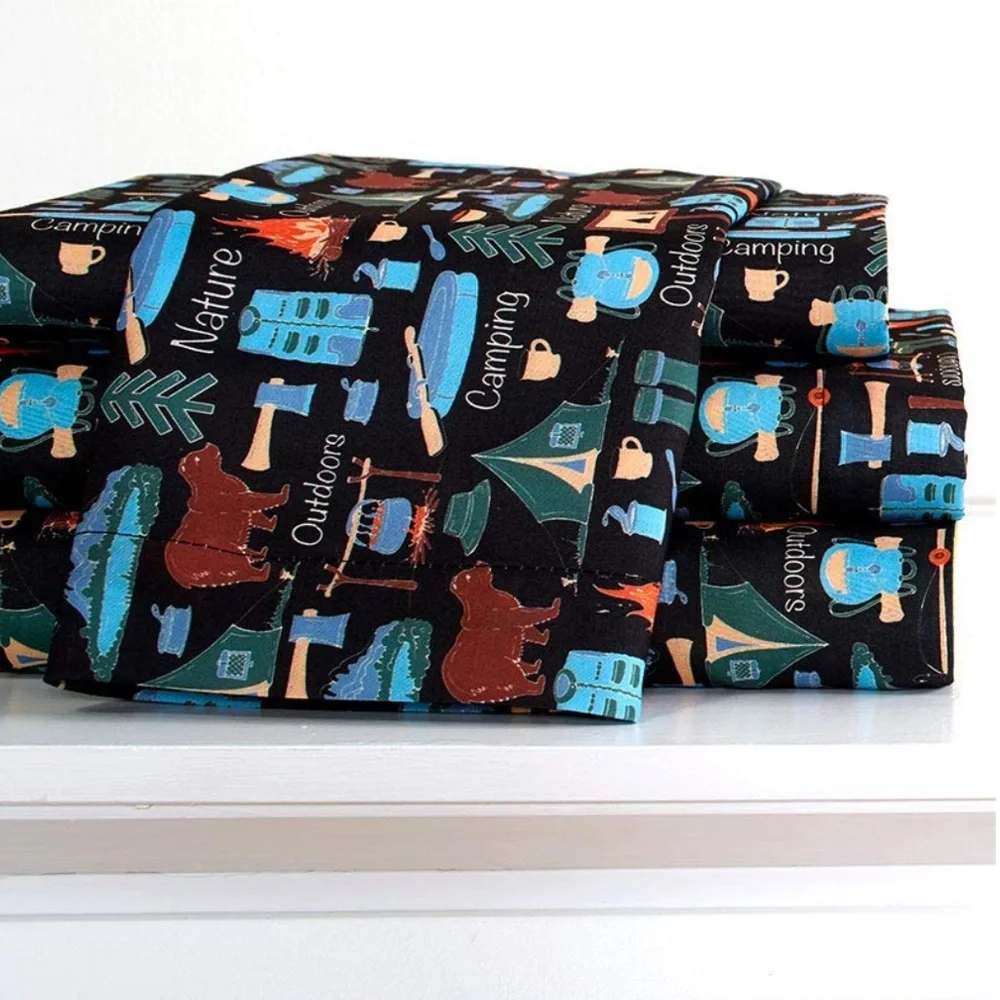Kids Sheet Set-Campsite Retro Camp Print 3Pc. Set NAVY BLUE-TWIN